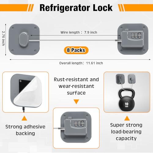 Yaocom 8 Pack Fridge Lock Heavy Duty Locks for Fridge Freezer Lock for Child Safety Cabinet Coded Adhesive Combination Refrigerator for Drawers Cabinet Window Easy Install No Drilling Black Gray - Image 3