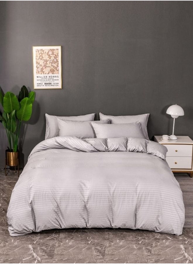 LUNA Home Premium King size Plain Grey Color Striped Design, Bedding Set of 6 Pieces Without Filler  - Image 1