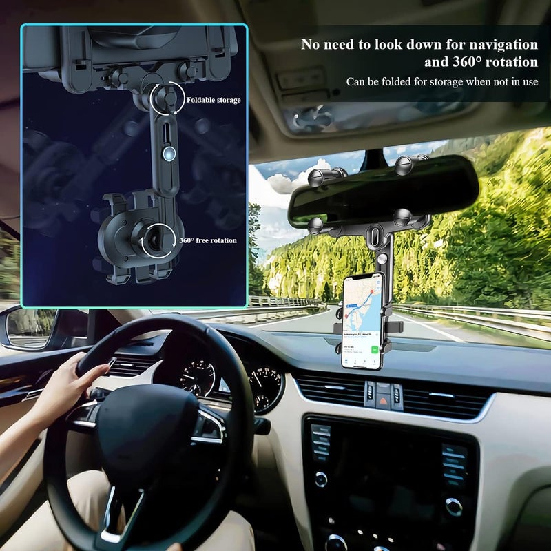 OneNine Rearview Mirror Phone Holder for Car, Upgrade 360° Rotatable Retractable Car Phone Holder Mount GPS Holder Automobile Cradles, Multifunctional Adjustable Car Rear View Mirror Phone Holder - Image 5