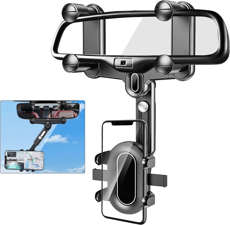 OneNine Rearview Mirror Phone Holder for Car, Upgrade 360° Rotatable Retractable Car Phone Holder Mount GPS Holder Automobile Cradles, Multifunctional Adjustable Car Rear View Mirror Phone Holder - Image 1