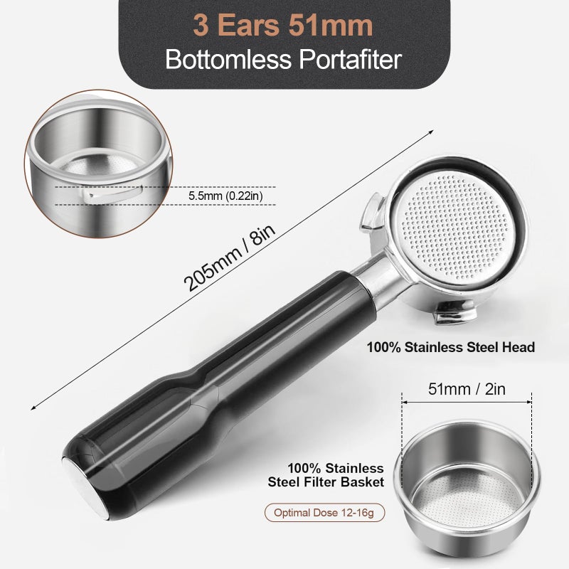 WhaleSiper 51mm Bottomless Portafilter & Puck Screen, 3 Ears Stainless Steel Head, Only Compatible with De'Longhi EC680, EC685, and SMEG ECF01, Includes 304 Stainless Steel Filter Basket - Image 3