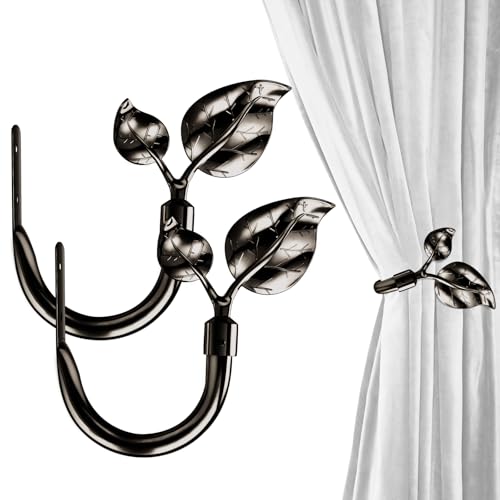 HIKMLK Leaf Shaped Curtain Holdbacks 2pcs, Handmade Metal Curtain Side Holders for Wall, Curtain Tieback Hook Pull Backs for Drapes Window Home Decoration (Black Nickel) - Image 1