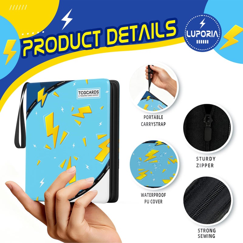 Luporia Trading Card Binder 4 Pocket,400 Pocket Card Collection Binder with 50 Removable Sleeves,PU Waterproof Top Card Book,3-Ring Zipper Collectible Trading Card Album for MTG/TCG/Card Holder Gift(Blue) - Image 3
