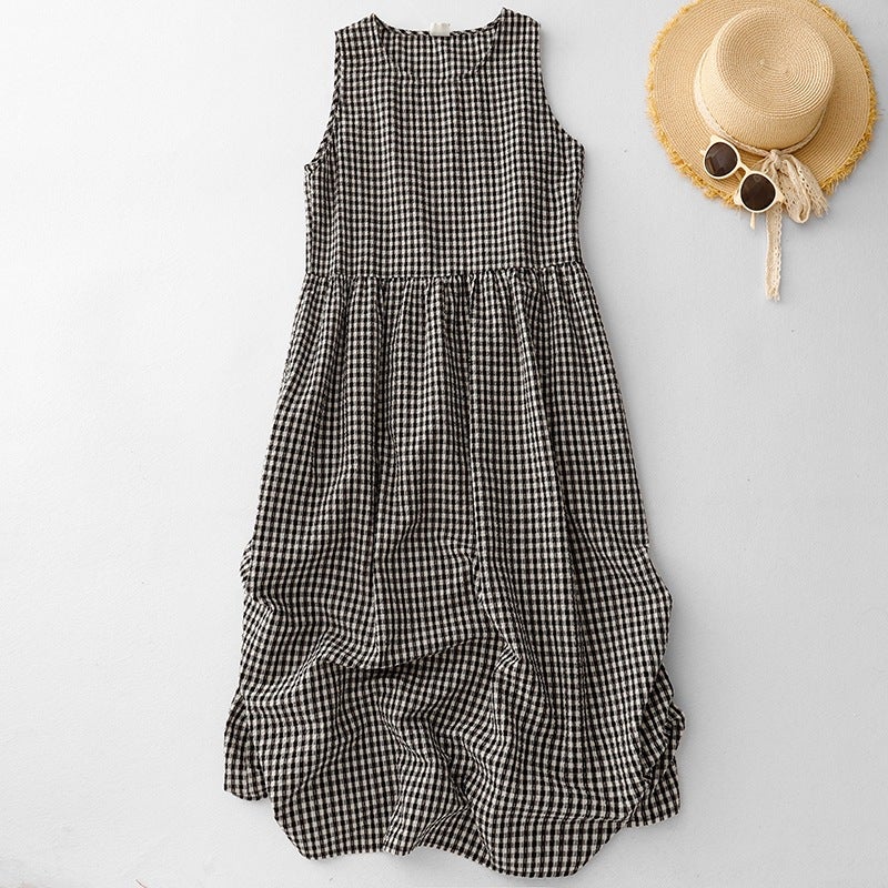 2025 summer new cotton and linen vest skirt black and white plaid slim cover sleeveless crew neck strap long dress Picture color