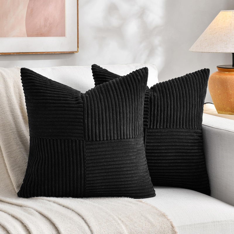 Fancy Homi 2 Packs Black Decorative Throw Pillow Covers 18x18 Inch for Living Room Couch Bed Sofa Rustic Farmhouse Boho Home Decor Soft Corss Corduroy Patchwork Textured Square Cushion Case 45x45 cm