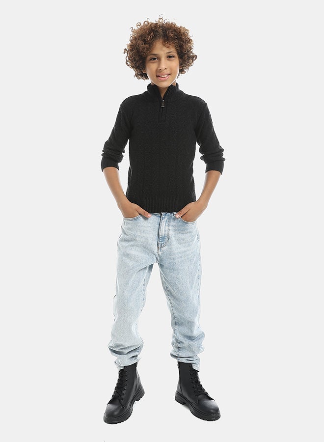 Andora Half Zipper Closure Plain Pullover-Black - Image 5