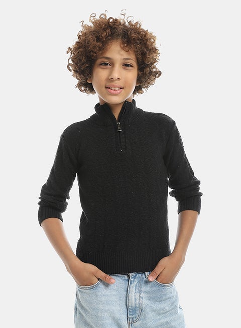 Half Zipper Closure Plain Pullover-Black