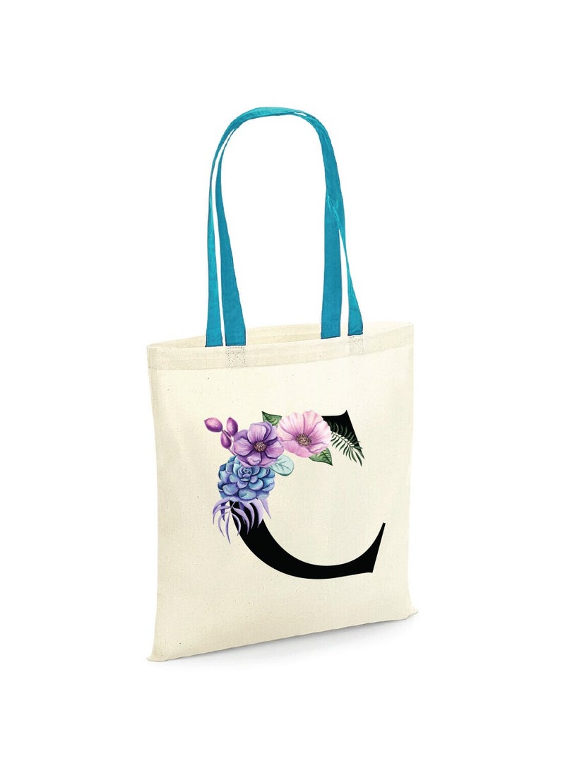 PRINTSHOP4ME Initial Letters Canvas Cotton Tote Bag With Blue Handle-Ideal Gifts For Bridesmaids-Party Bag  - Image 1