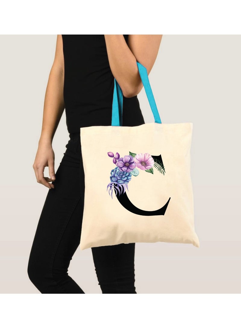 PRINTSHOP4ME Initial Letters Canvas Cotton Tote Bag With Blue Handle-Ideal Gifts For Bridesmaids-Party Bag  - Image 3