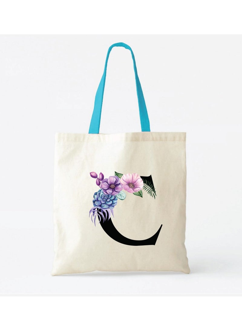 PRINTSHOP4ME Initial Letters Canvas Cotton Tote Bag With Blue Handle-Ideal Gifts For Bridesmaids-Party Bag  - Image 2