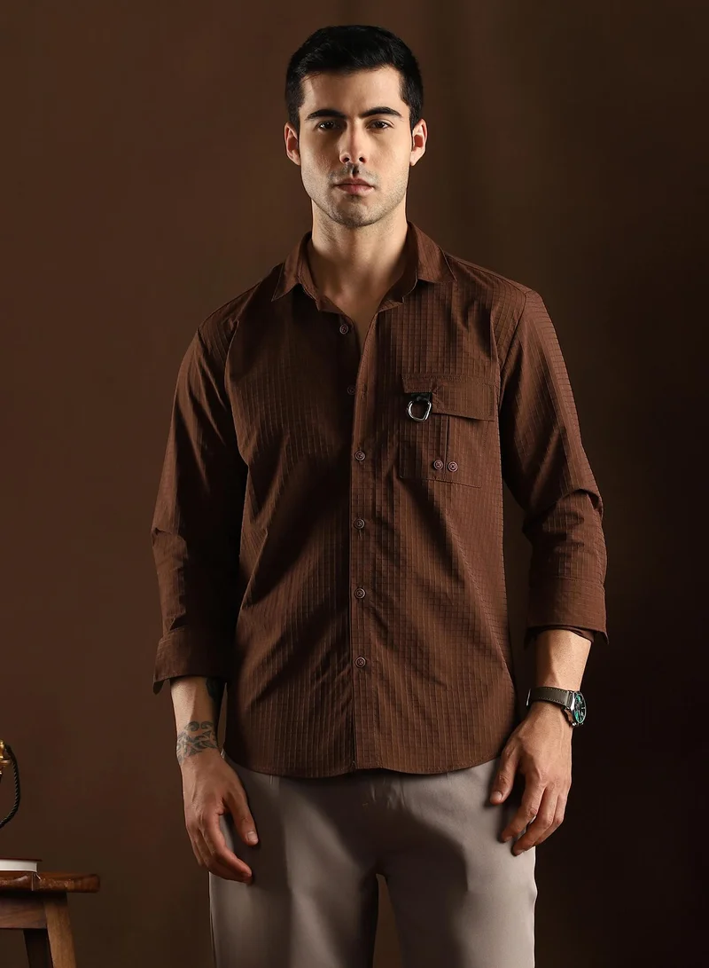 Campus Sutra Campus Sutra Men's Chocolate Brown Grid-Utility Shirt For Casual Wear | Mid-Rise | Regular Fit | Button Closure | Shirt Crafted With Comfort Fit For Everyday Wear