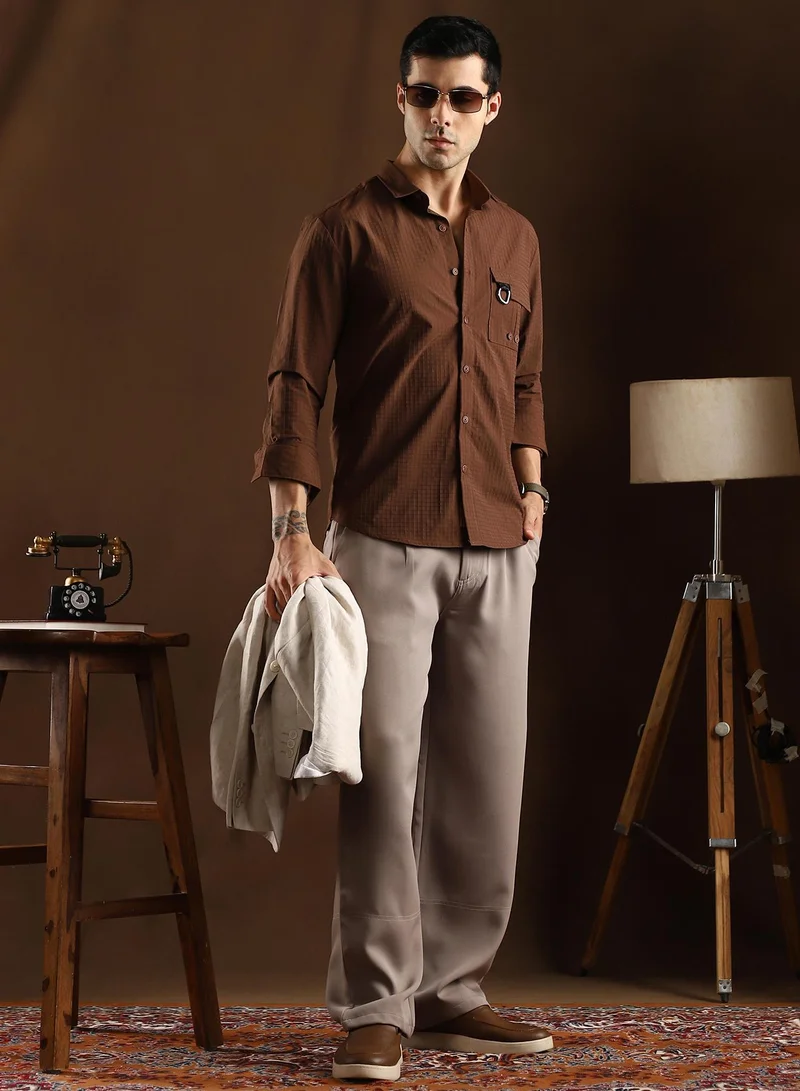 Campus Sutra  Men's Chocolate Brown Grid-Utility Shirt for Men | Best Price UAE