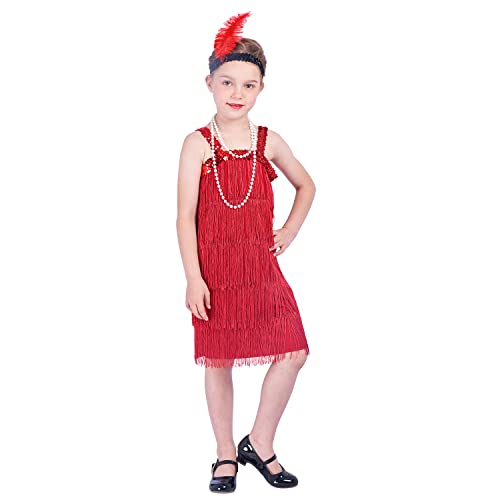Sincere Party Roaring the 20s Red Flapper Costume Dress with Pearl Necklace,Feather Headband for Girls,Gangster Flapper Dress for Kids 4-6 - Image 1