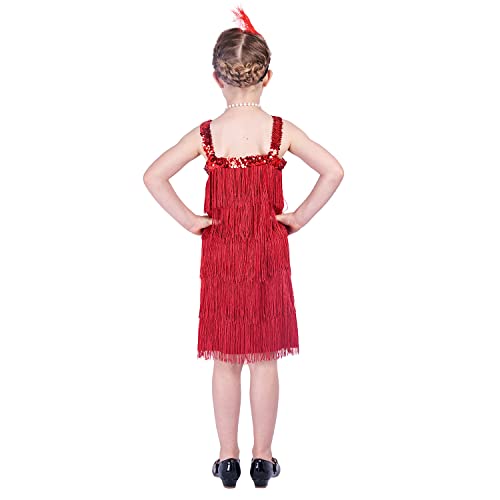 Sincere Party Roaring the 20s Red Flapper Costume Dress with Pearl Necklace,Feather Headband for Girls,Gangster Flapper Dress for Kids 4-6 - Image 2