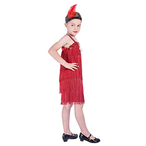 Sincere Party Roaring the 20s Red Flapper Costume Dress with Pearl Necklace,Feather Headband for Girls,Gangster Flapper Dress for Kids 4-6 - Image 3