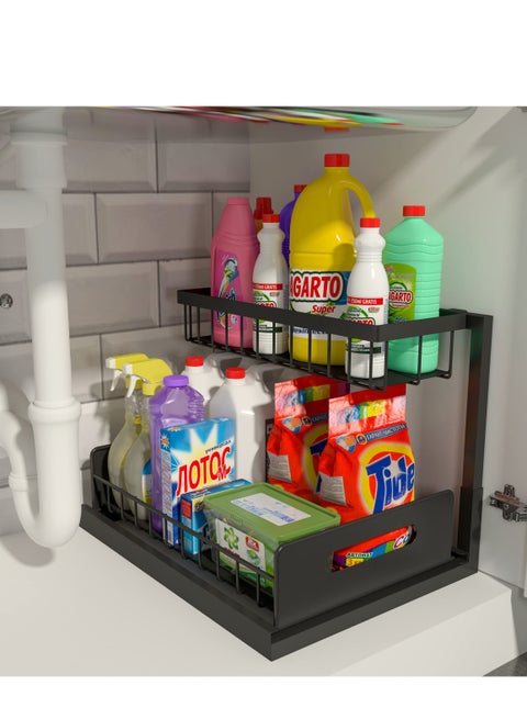 Under Sink Organiser, Pull Out Cabinet Organiser, 2 Tier Sliding Sink Shelf Cabinet Storage Rack, Kitchen Bathroom Cabinet Under Sink Storage Cabinet