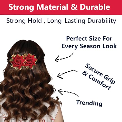 TEMPERIA (2pcs) Hair Accessories For Women & Girls - Stylish Red Rose Artificial Flowers Bun Juda U Pins & Clips for Style & Decoration - Bridal Brooch & Braid for Hairstyle of Bride, Wedding & Party - Image 3