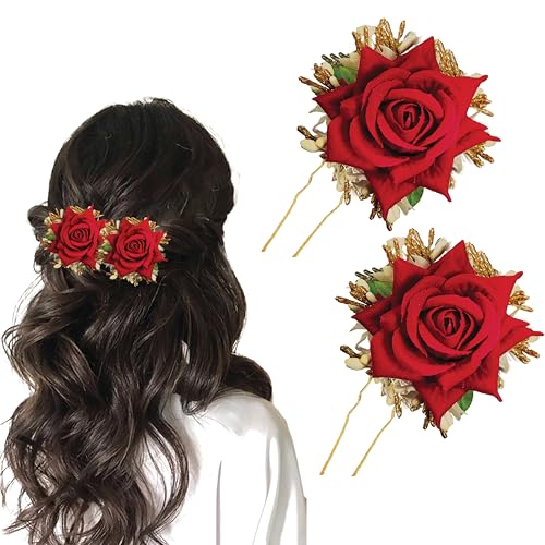 TEMPERIA (2pcs) Hair Accessories For Women & Girls - Stylish Red Rose Artificial Flowers Bun Juda U Pins & Clips for Style & Decoration - Bridal Brooch & Braid for Hairstyle of Bride, Wedding & Party - Image 1