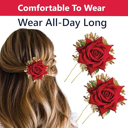 TEMPERIA (2pcs) Hair Accessories For Women & Girls - Stylish Red Rose Artificial Flowers Bun Juda U Pins & Clips for Style & Decoration - Bridal Brooch & Braid for Hairstyle of Bride, Wedding & Party - Image 4