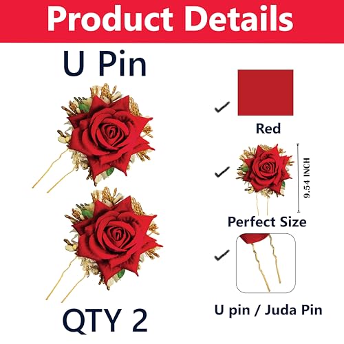 TEMPERIA (2pcs) Hair Accessories For Women & Girls - Stylish Red Rose Artificial Flowers Bun Juda U Pins & Clips for Style & Decoration - Bridal Brooch & Braid for Hairstyle of Bride, Wedding & Party - Image 2
