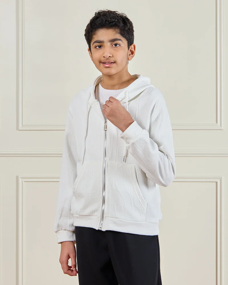 Redtag Senior Boys Cream Front Zipper Hooded Sweatshirt