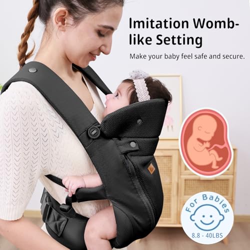 CUBY Newborn Baby Carrier with Head Support and Sunshield, Breathable & Easy Adjustable Newborn Toddler Front Baby Carriers Sling,Hands-Free Newborn Carrier up to 40lbs(Black,Upgraded-with Waist Belt) - Image 3