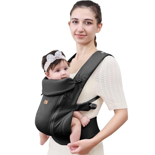 CUBY Newborn Baby Carrier with Head Support and Sunshield, Breathable & Easy Adjustable Newborn Toddler Front Baby Carriers Sling,Hands-Free Newborn Carrier up to 40lbs(Black,Upgraded-with Waist Belt) - Image 1