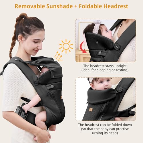 CUBY Newborn Baby Carrier with Head Support and Sunshield, Breathable & Easy Adjustable Newborn Toddler Front Baby Carriers Sling,Hands-Free Newborn Carrier up to 40lbs(Black,Upgraded-with Waist Belt) - Image 4