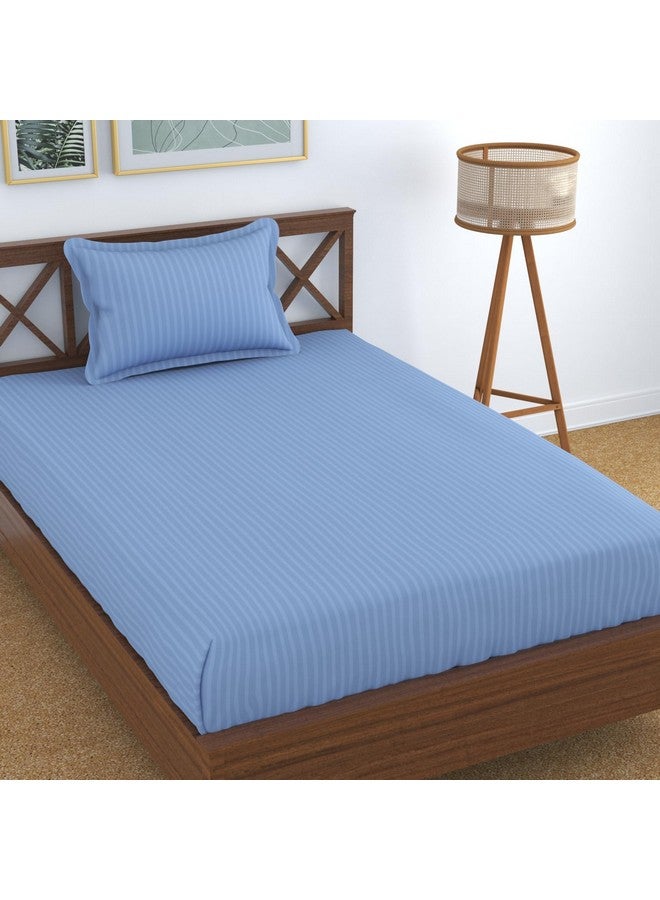 Homefab India 160 TC Stripe Glace Cotton Single BedSheet with 1 Pillow Cover - Sky Blue - Image 1
