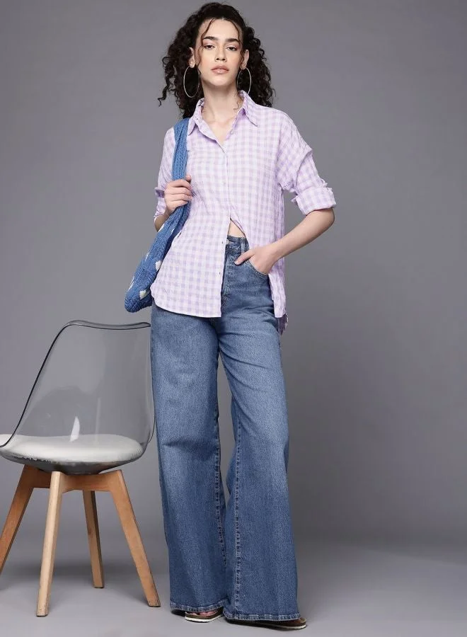 مرفوعة Women Regular Fit Textured Shirt Collar Long Sleeve Long Shirt