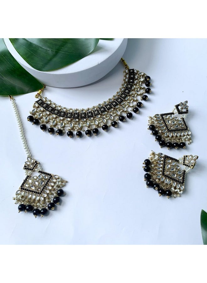 I Jewels I Jewels Gold Plated Traditional Kundan Pearl Drop Choker Necklace Jewellery & Dangle Earrings Set For Women/Girls (K7273B)  - Image 2