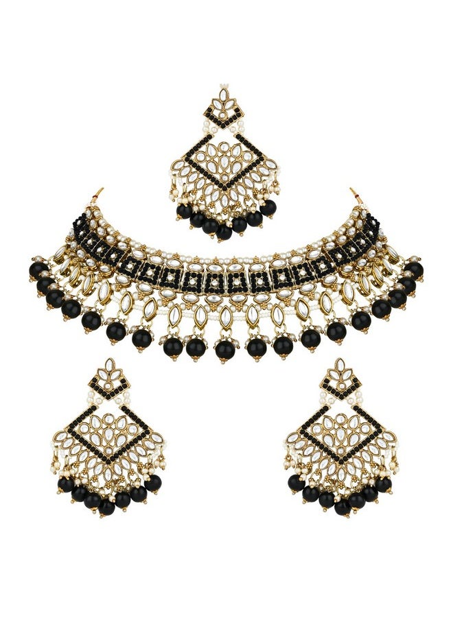 I Jewels I Jewels Gold Plated Traditional Kundan Pearl Drop Choker Necklace Jewellery & Dangle Earrings Set For Women/Girls (K7273B)  - Image 1
