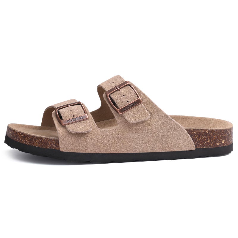 KIDMI Unisex Genuine Suede Summer Sandals Arch Support Cork Footbed Slide Sandals with Double Adjustable Buckle for Women Men, Apricot 42 - Image 4