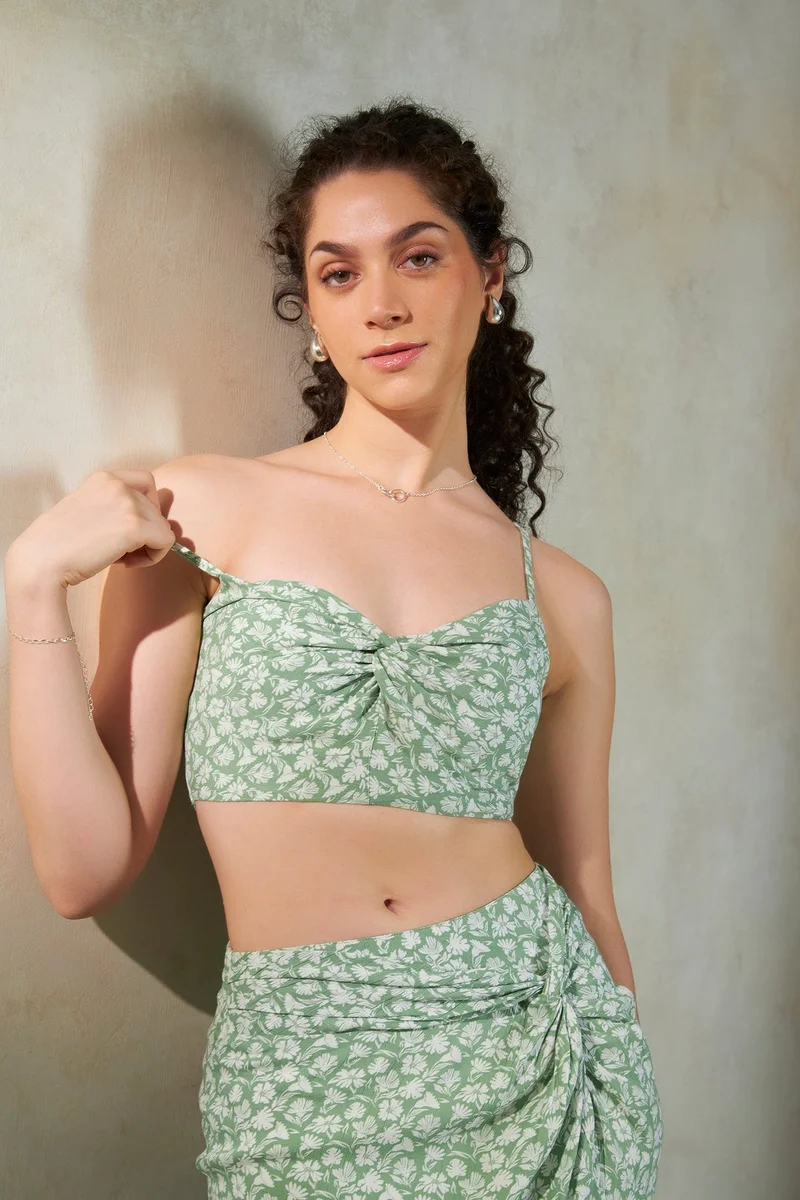 Virgio Sage Green Viscose Floral Daywear Twisted Front Crop Tops for Women for Women | Best Price UAE