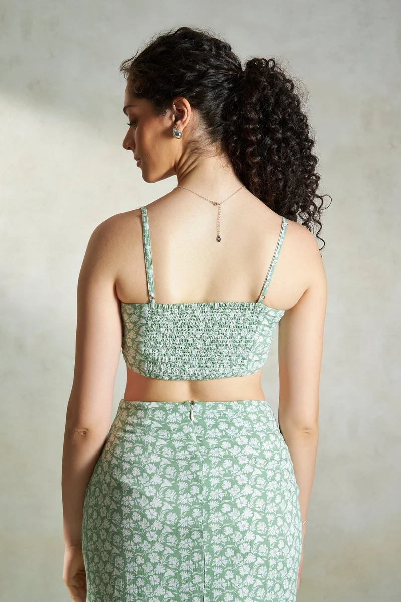 Virgio Sage Green Viscose Floral Daywear Twisted Front Crop Tops for Women for Women | Best Price UAE