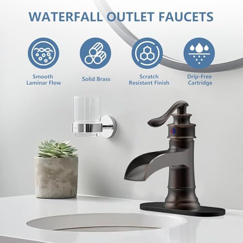 Homevacious Bathroom Faucet Waterfall Sink Faucets Oil Rubbed Bronze Single Handle Farmhouse Sink Vanity 1 Hole or 3 Hole Basin Mixer Tap Lavatory Faucet with Deck Plate - Oil Rubbed Bronze - Image 2