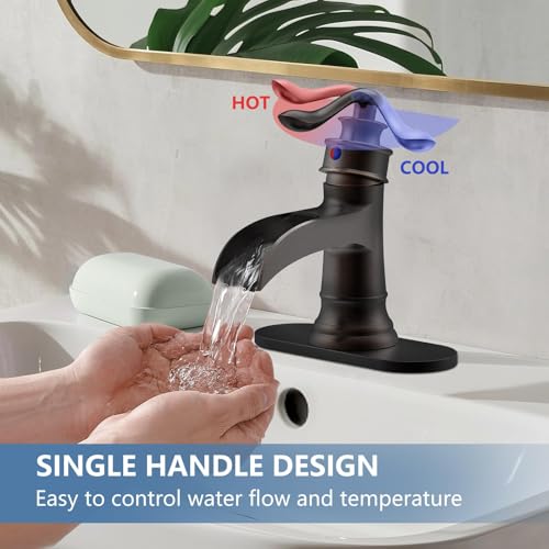 Homevacious Bathroom Faucet Waterfall Sink Faucets Oil Rubbed Bronze Single Handle Farmhouse Sink Vanity 1 Hole or 3 Hole Basin Mixer Tap Lavatory Faucet with Deck Plate - Oil Rubbed Bronze - Image 5