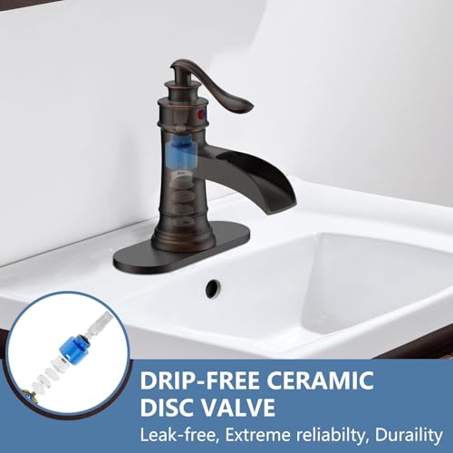 Homevacious Bathroom Faucet Waterfall Sink Faucets Oil Rubbed Bronze Single Handle Farmhouse Sink Vanity 1 Hole or 3 Hole Basin Mixer Tap Lavatory Faucet with Deck Plate - Oil Rubbed Bronze - Image 4