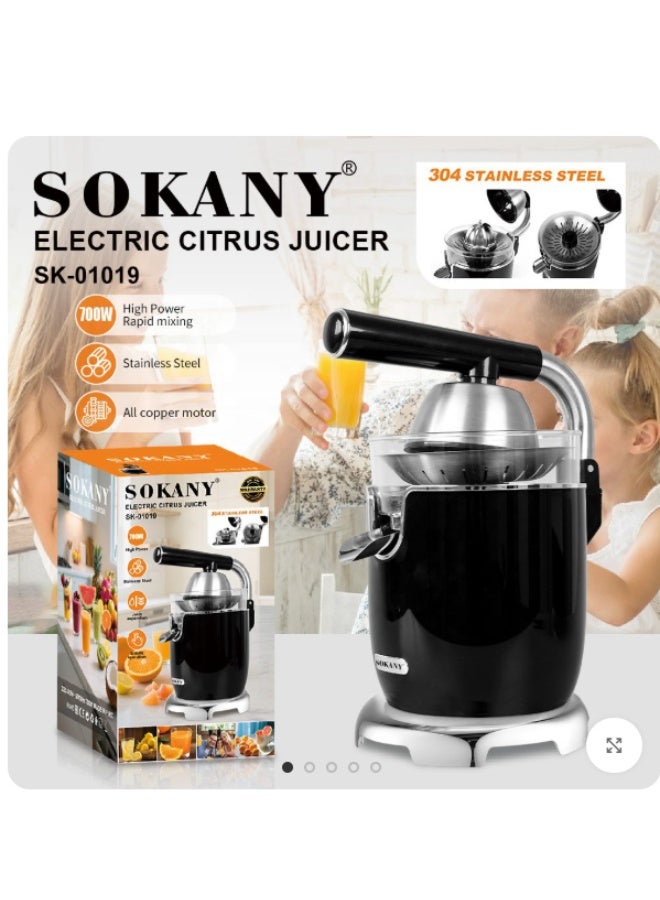 Sokany 700W Electric Stainless Steel Orange Juicer with 304 Stainless Steel Filter and Copper Motor, Model SK-01019 - Black and Silver - Image 2