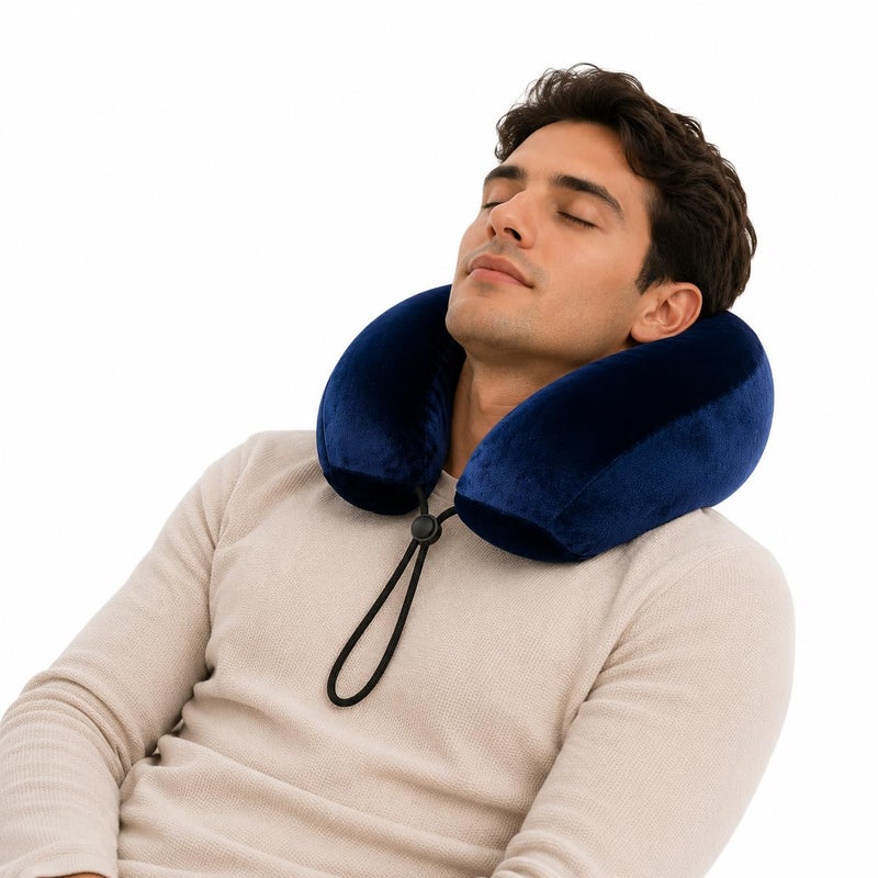 Memory Foam Travel Neck Pillow, Comfortable U-Shaped Neck Pillow with Removable Washable Soft Velvet Cover for Airplane, Car, Train (Blue) - Image 1