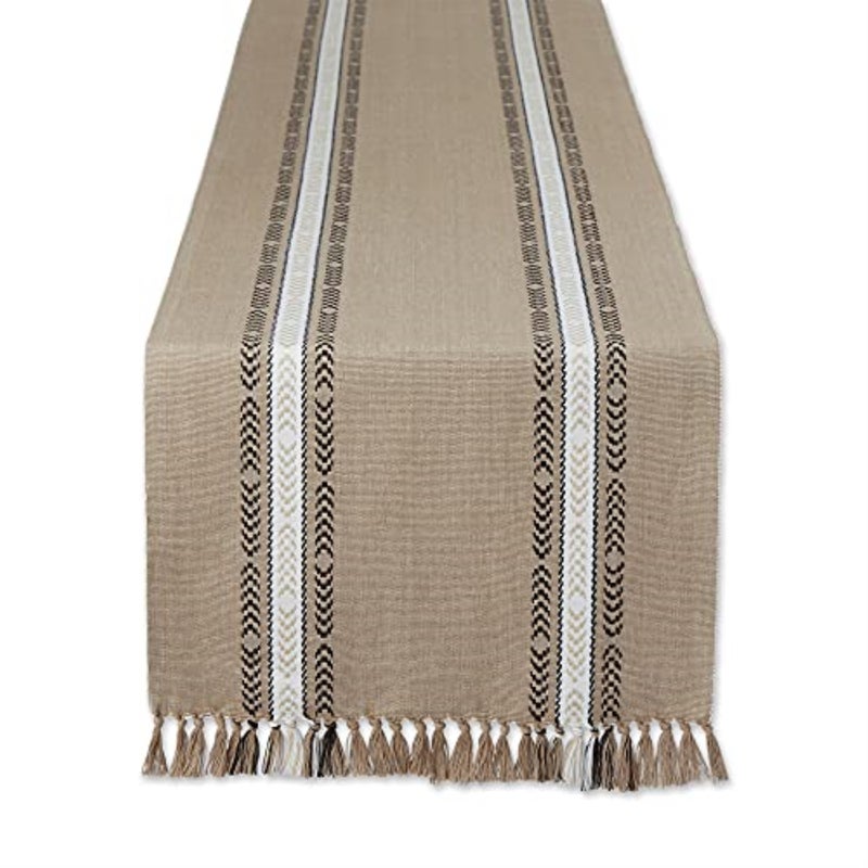 Design Imports DII Stone Dobby Striped Fringe Ribbed Table Runner 14x108 - Image 1