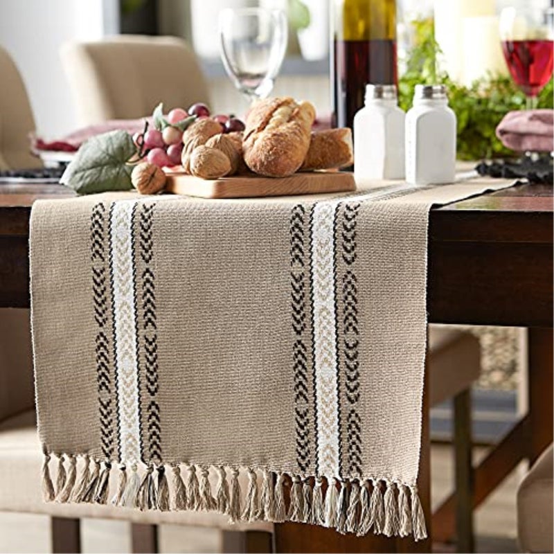 Design Imports DII Stone Dobby Striped Fringe Ribbed Table Runner 14x108 - Image 3