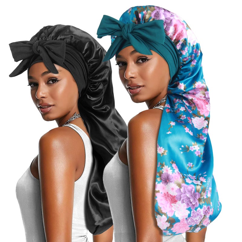 Heniho 2pcs Long Satin Bonnets with Tie Band, Large Braid Bonnet Silky Hair Cap for Locs Women Sleeping, J - Image 1