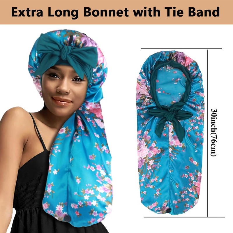 Heniho 2pcs Long Satin Bonnets with Tie Band, Large Braid Bonnet Silky Hair Cap for Locs Women Sleeping, J - Image 2