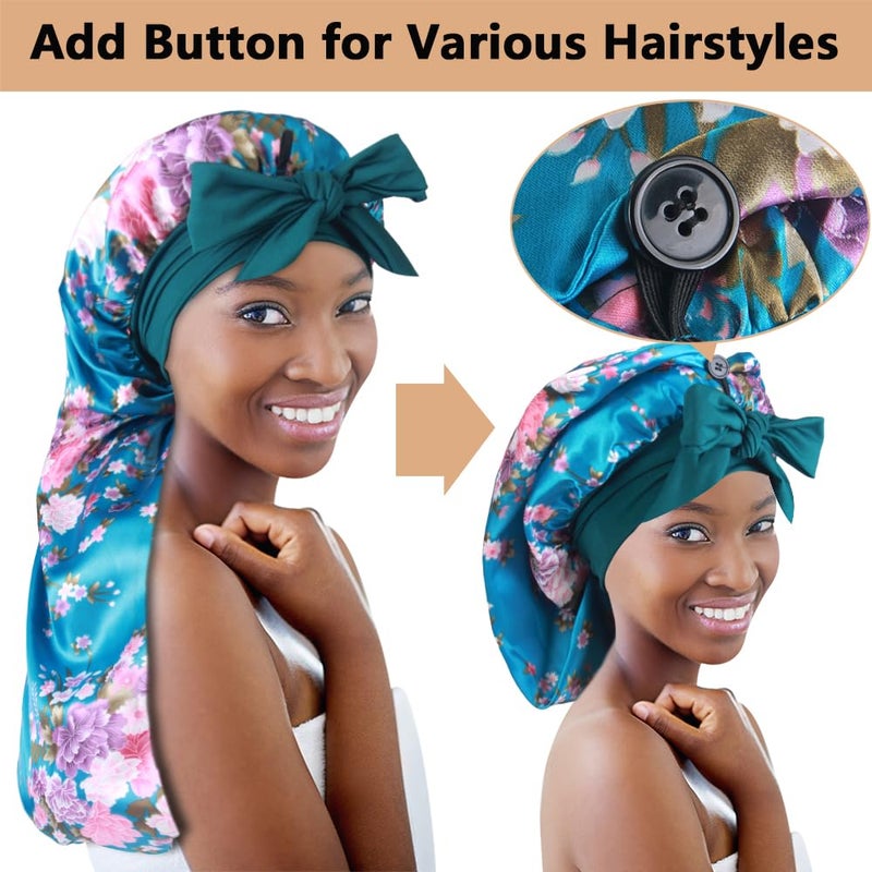 Heniho 2pcs Long Satin Bonnets with Tie Band, Large Braid Bonnet Silky Hair Cap for Locs Women Sleeping, J - Image 3