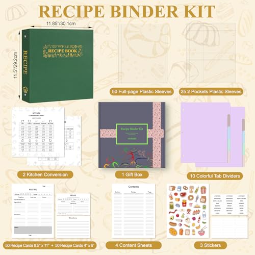 AKONEGE Recipe Binder 8.5"x11" 3 Ring Set Waterproof Recipe Book Binder with 75 Plastic Sleeves, 10 Dividers, 100 Recipe Cards, Labels & Stickers, Hardcover Cookbook for Baking Cooking, Dark Green - Image 2