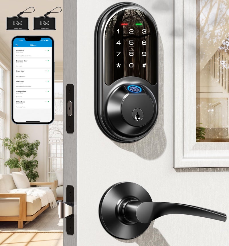 Veise أقفال ذكية Veise RZ07B لباب المدخل، مقبضين، دخول بدون مفتاح ببصمة الإصبع، مجموعة قفل باب بيومترية مع تحكم عبر التطبيق، قفل ميت بشاشة تعمل باللمس، تركيب سهل، قفل تلقائي، أسود غير لامع - Image 1