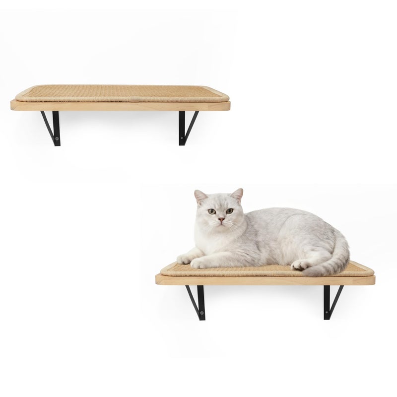 PELUOMOZ 2PCS Cat Wall Shelves with Scratching Mat, 16.6x9.7 Inch Cats Wall Furniture, Solid Pine Wood Kitten Wall Mounted Floating Shelf, Window Perch Hammock for Pets Sleeping, Playing, Climbing - Image 1