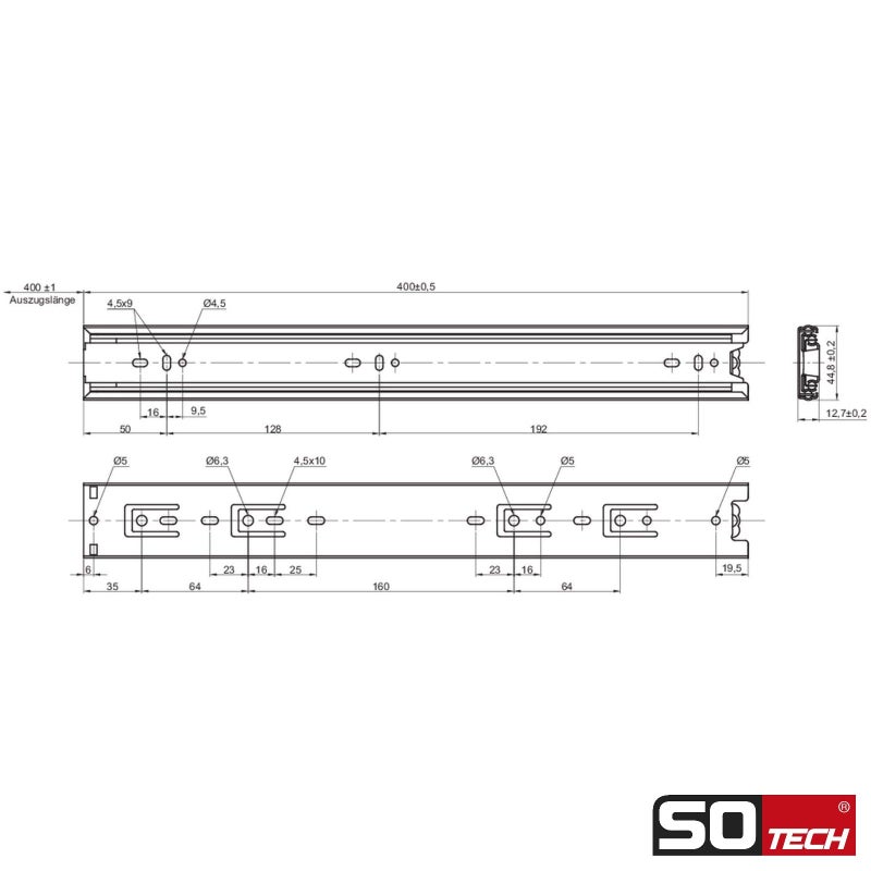 SOTECH KV1-45-H45-L400-NF Full Extensions 400 mm (Inserted) Drawer Rail Ball Bearing Load Capacity 45 kg 1 Pair - Image 4