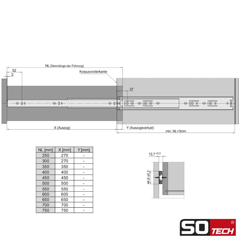 SOTECH KV1-45-H45-L400-NF Full Extensions 400 mm (Inserted) Drawer Rail Ball Bearing Load Capacity 45 kg 1 Pair - Image 5